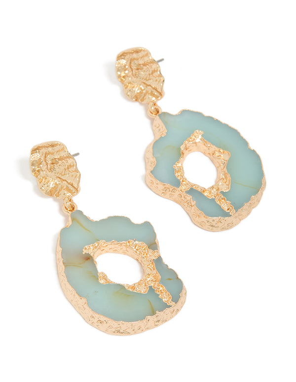 Showcasing worn gold open blue amazonite semi precious stone drop earrings in a statement style front view