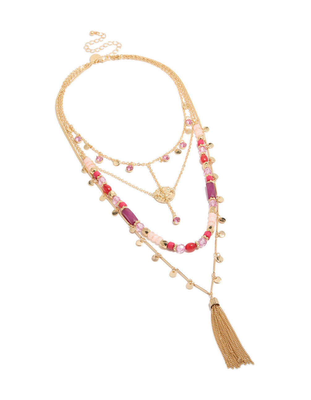 Showcasing gold purple and pink beaded tassel layered necklace with charm disc pendant in statement style front view