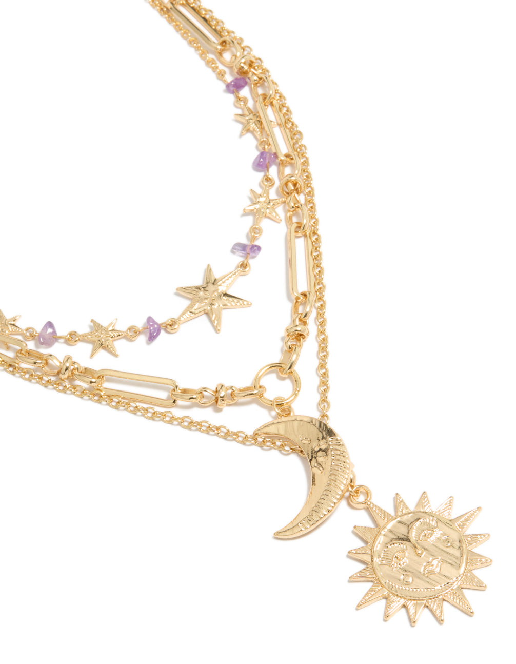 Showcasing a chunky gold purple stone and celestial pendant layered necklace with beads, charm featuring sun, moon and star close up view