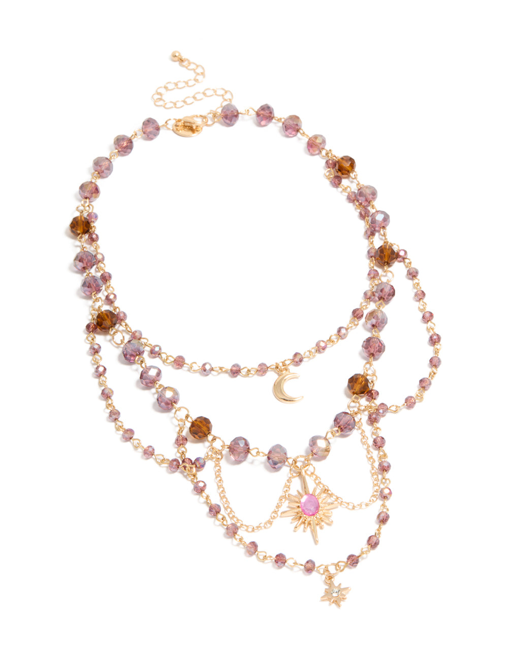 Showcasing a gold purple beaded celestial draped layered necklace with charm pendant moon and star front view