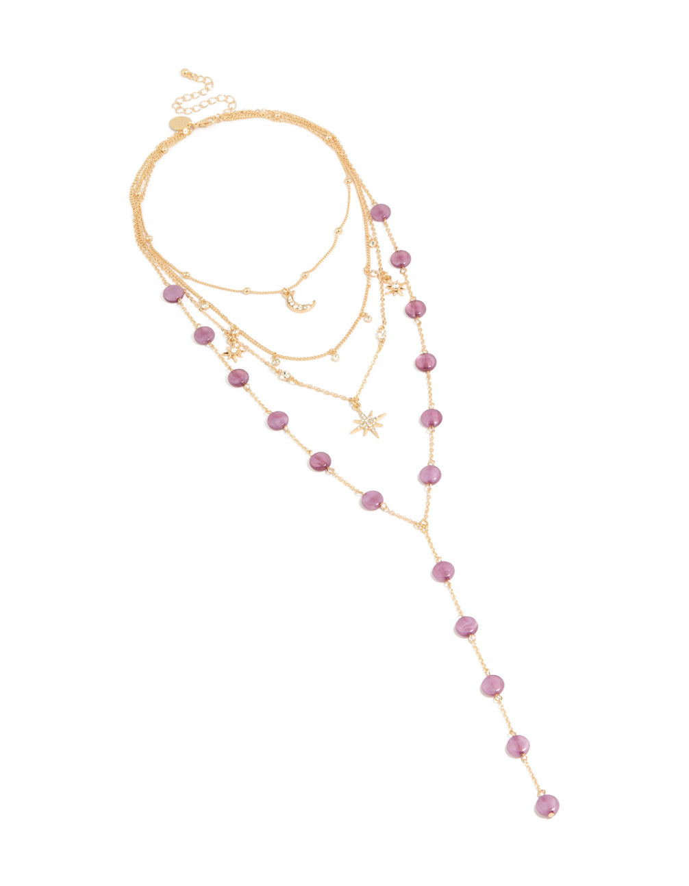 Elegantly designed gold flat purple beaded celestial layered y-necklace featuring charms, star and moon pendants front view