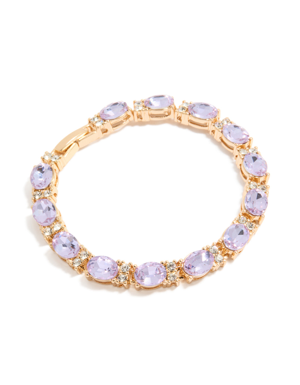 Showcasing a gold statement bracelet with purple diamantes in a lavender and clear finish front view