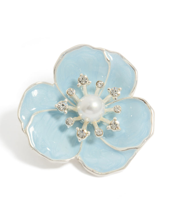 Silver Blue Enamel Flower Pearl Brooch