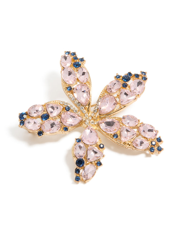 Gold Pink & Blue Diamantes Pointed Flower Brooch