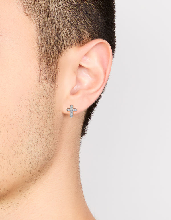 Featuring mens waterproof stainless steel cubic zirconia cross detail stud earrings with on ear view