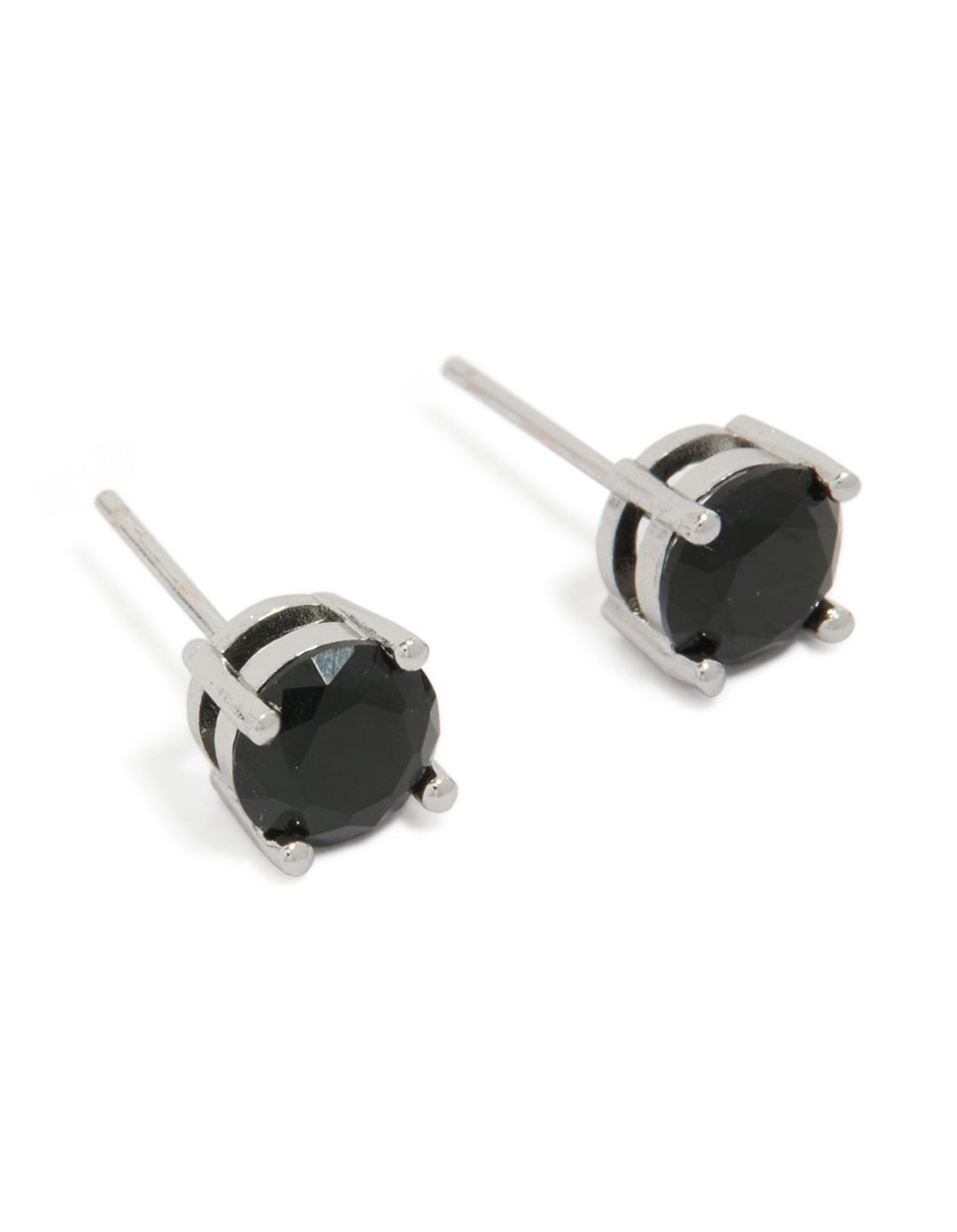 Showcasing mens round cut stud earrings crafted from waterproof stainless steel with black cubic zirconia in silver front view