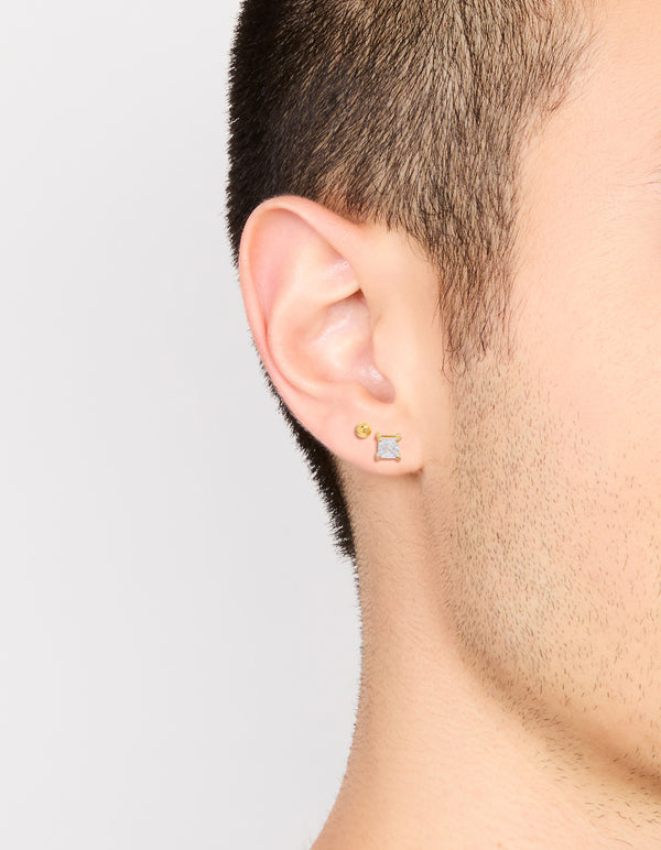 Featuring mens waterproof gold plated stainless steel square cubic zirconia and ball earrings pack with stud closure on ear view