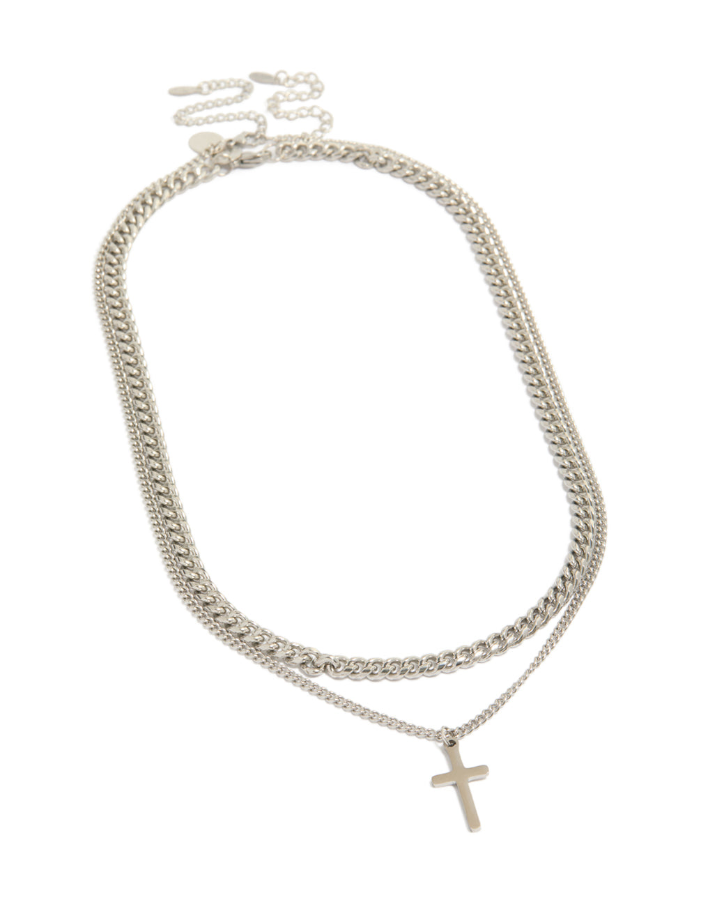 Featuring mens waterproof stainless steel curb chain cross necklaces 2-pack with pendant in silver front view