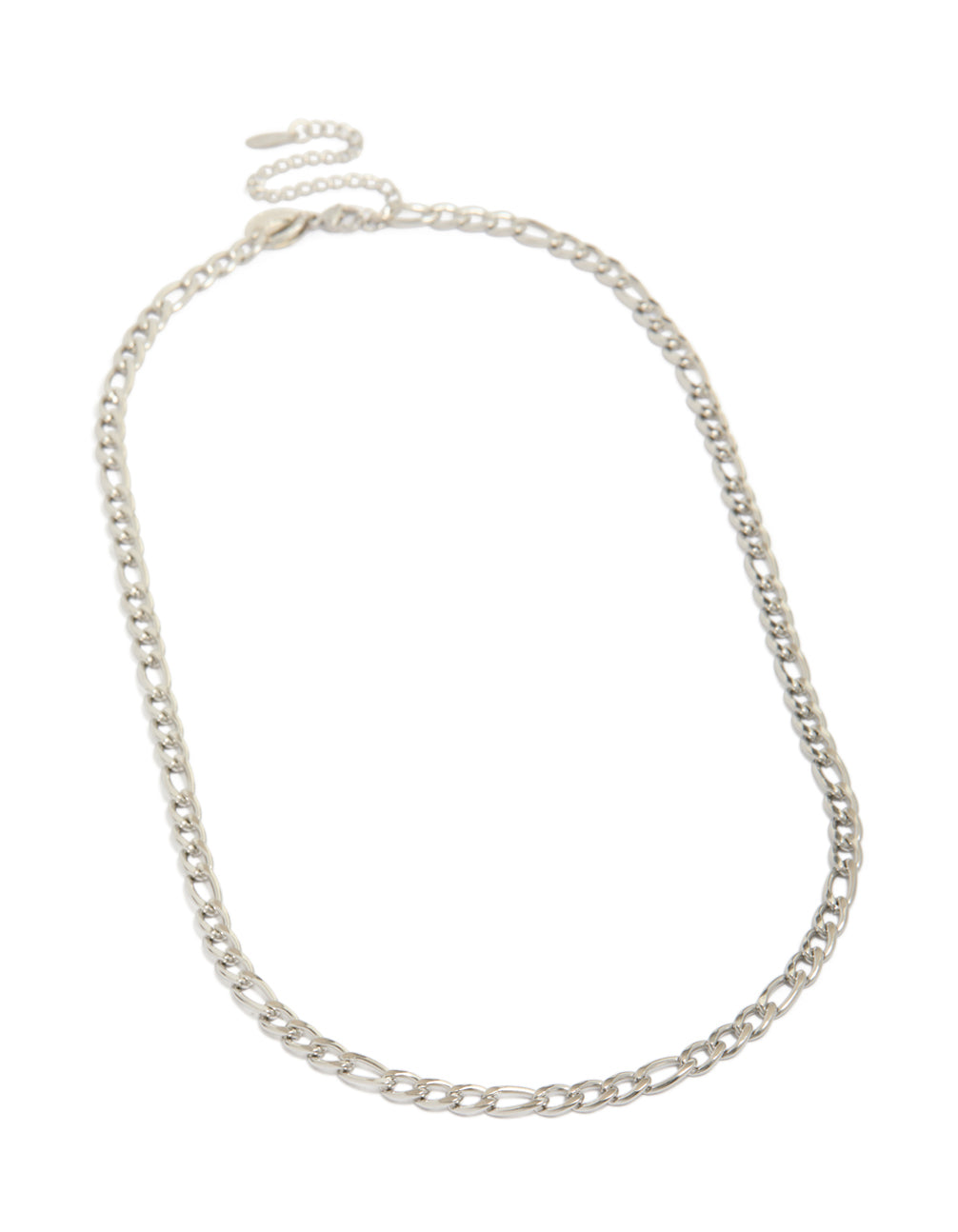 Featuring a mens waterproof stainless steel classic figaro link necklace in silver front view