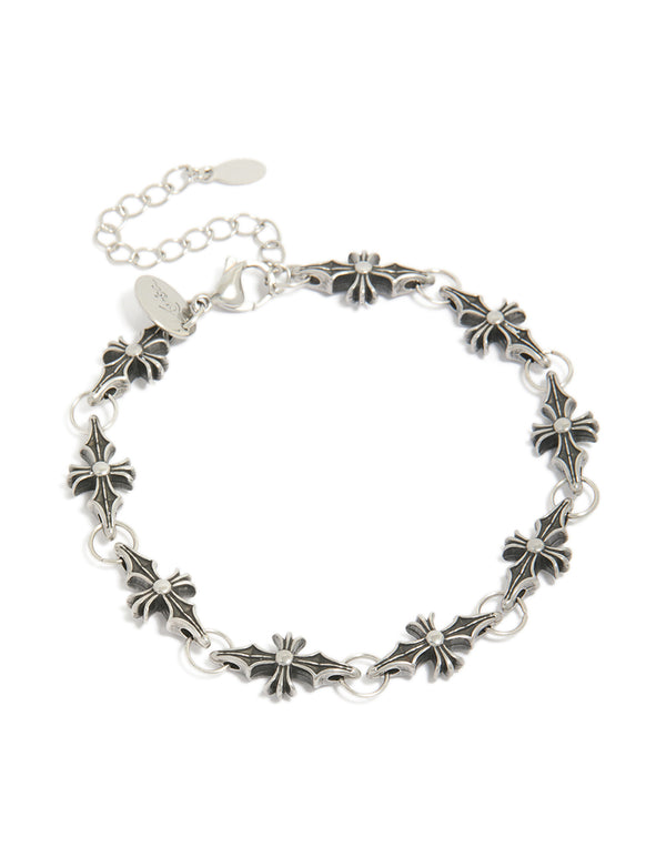 Showcasing a mens waterproof stainless steel cross link bracelet in silver and black front view