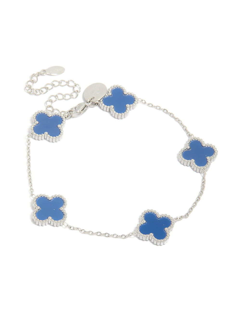 Crafted from waterproof stainless steel, this men's navy clover chain bracelet features statement flower details in royal blue and silver front view