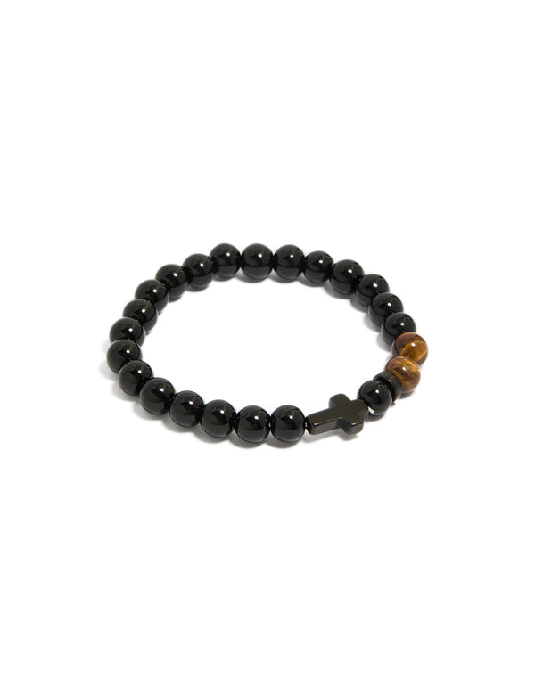 Mens Waterproof Black Coated Stainless Steel Black Cross & Tigers Eye Semi Beaded Cross Bracelet