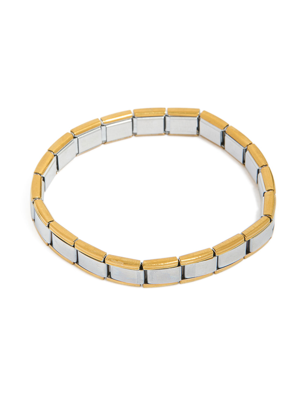 Featuring a mens waterproof mixed plated stainless steel stretch link chain bracelet in gold and silver front view