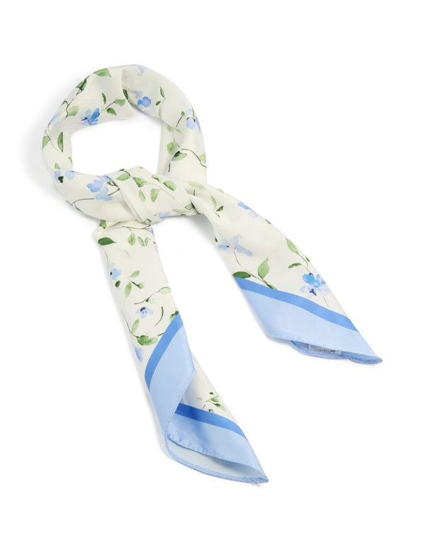 Elegant white scarf featuring blue floral print with leaf accents in sky blue light green and forest green tones side view