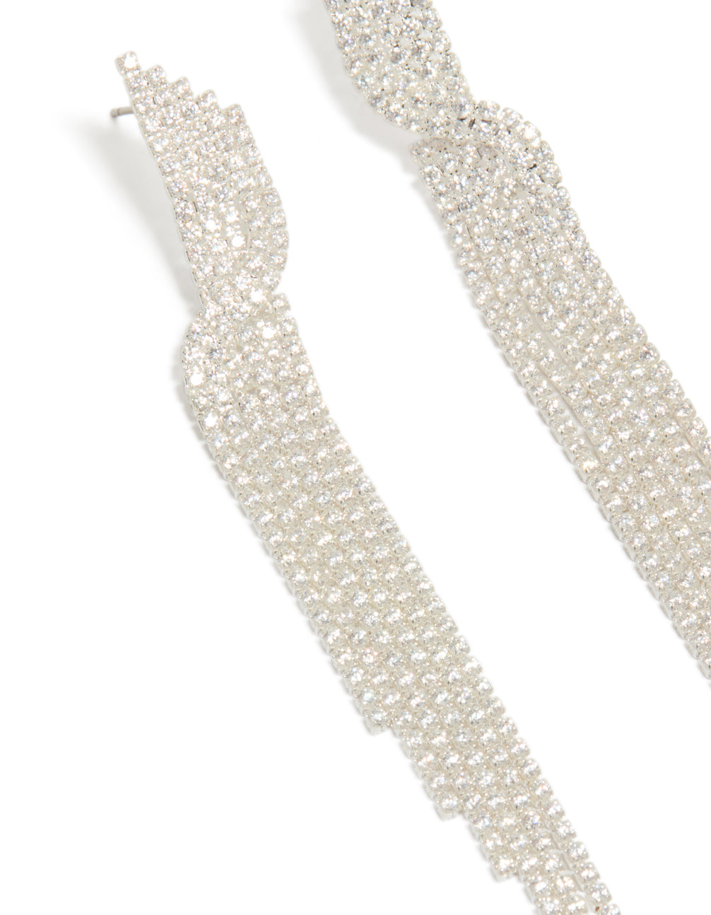 Highlighting the intricate cubic zirconia cupchain detail in silver drop earrings close up view
