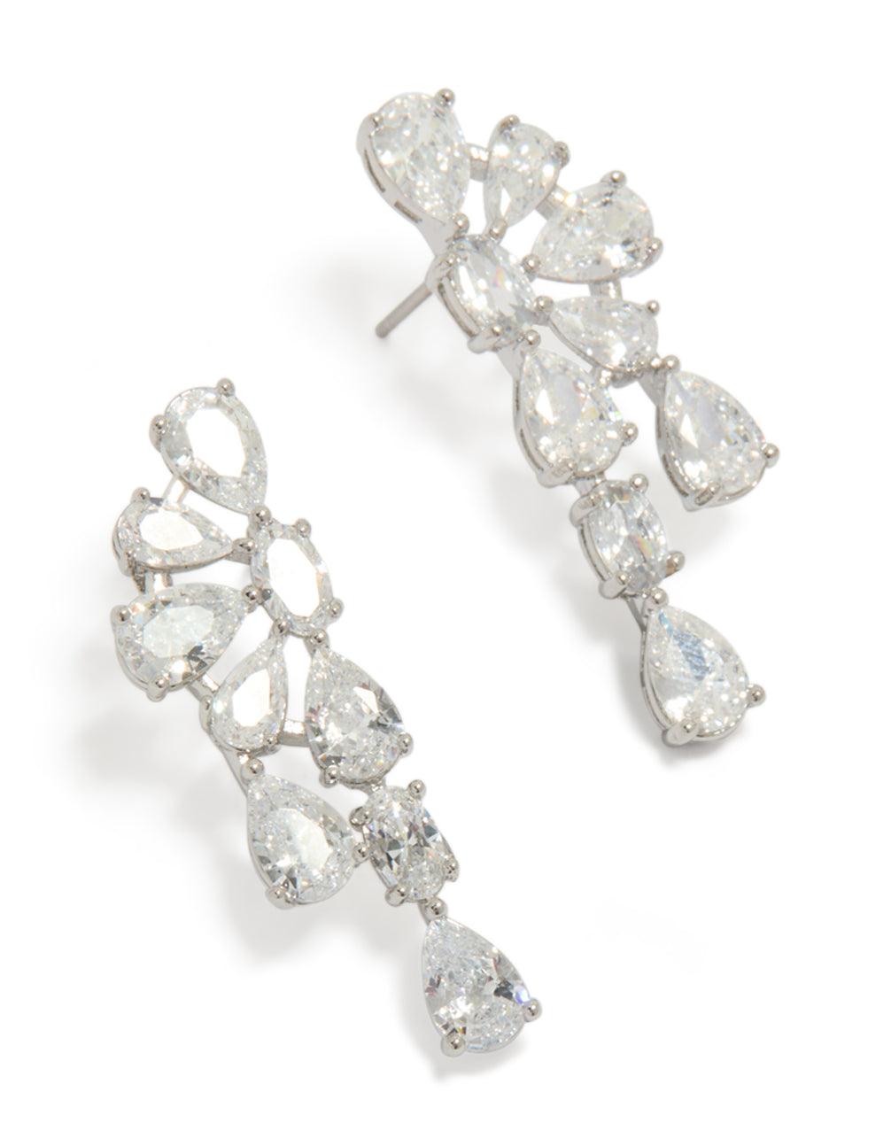 Showcasing statement drop earrings with floral design featuring pear cut cubic zirconia stones in silver front view