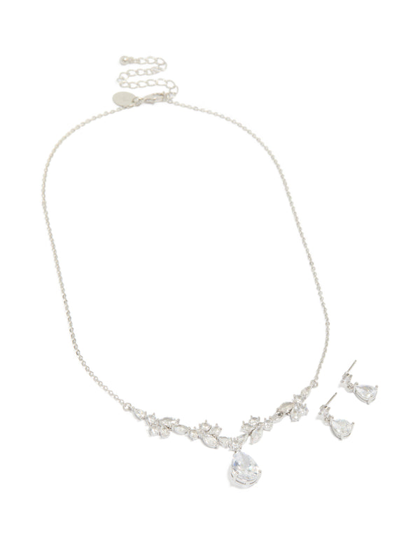 Silver Cubic Zirconia Dainty Necklace & Earrings Set
