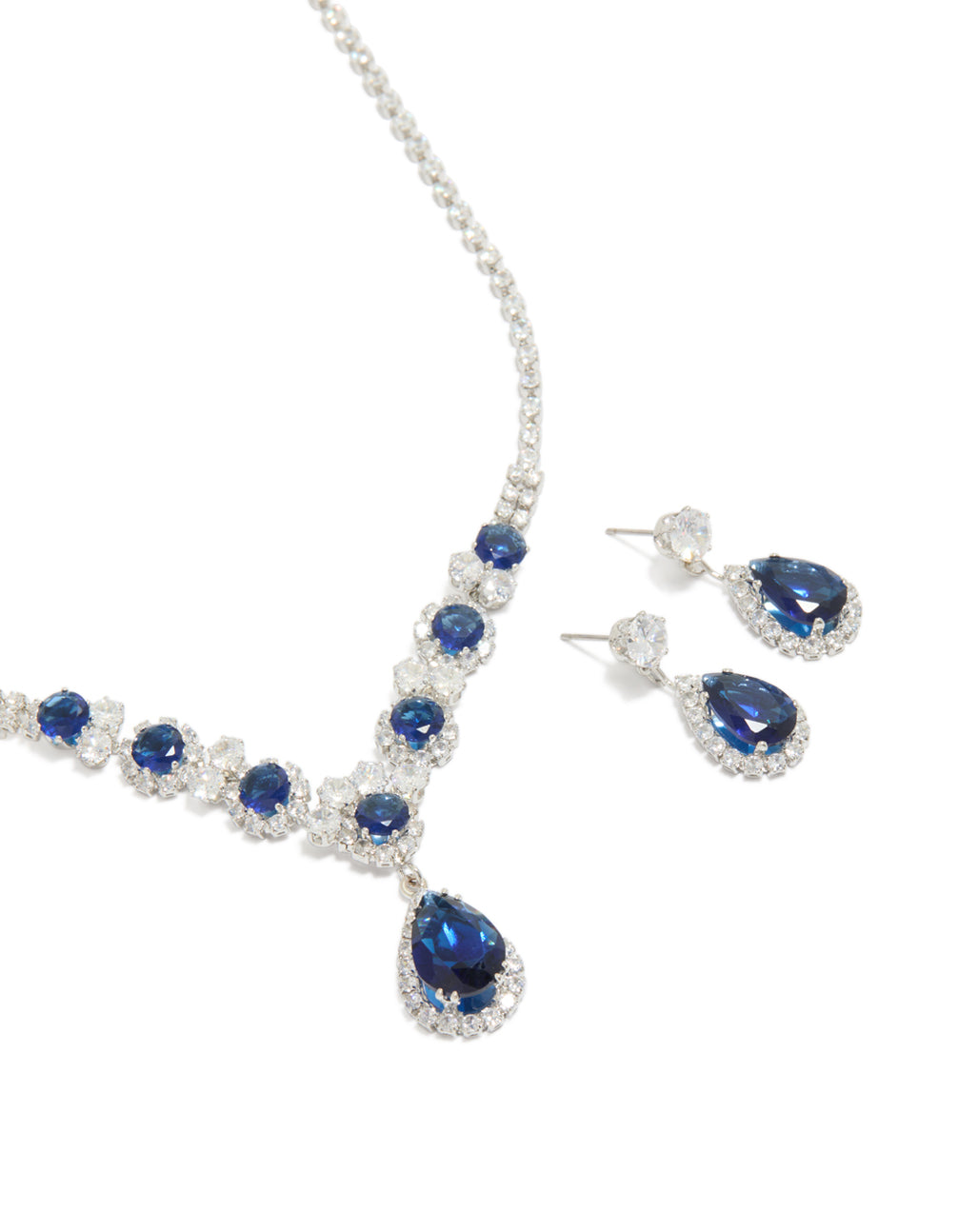 Silver Clear & Dark Blue Cubic Zirconia Necklace & Earrings Set
