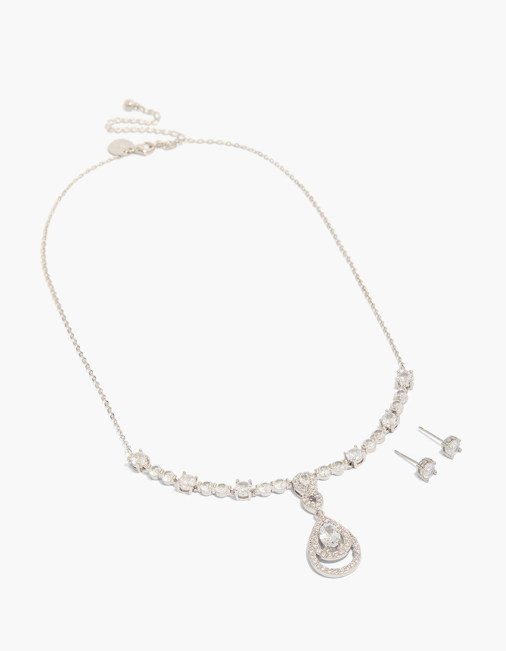 Silver Cubic Zirconia Pear Pendant Necklace & Circle Earrings Set