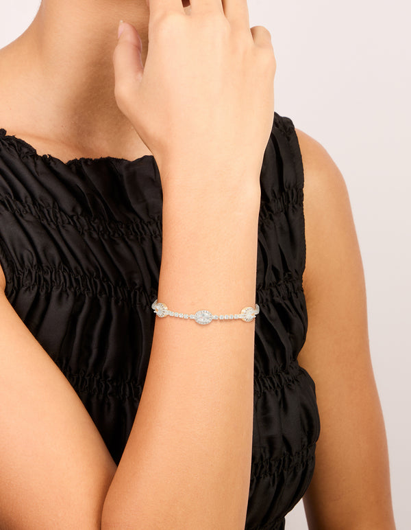 Silver Plated Cubic Zirconia Halo Oval Tennis Toggle Bracelet