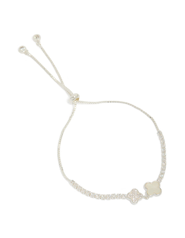 Featuring silver plated cubic zirconia double flower toggle bracelet front view