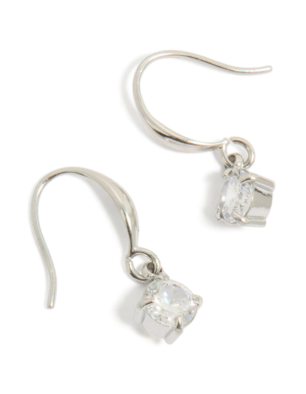 Showcasing waterproof stainless steel sleek drop earrings with round cubic zirconia in silver front view