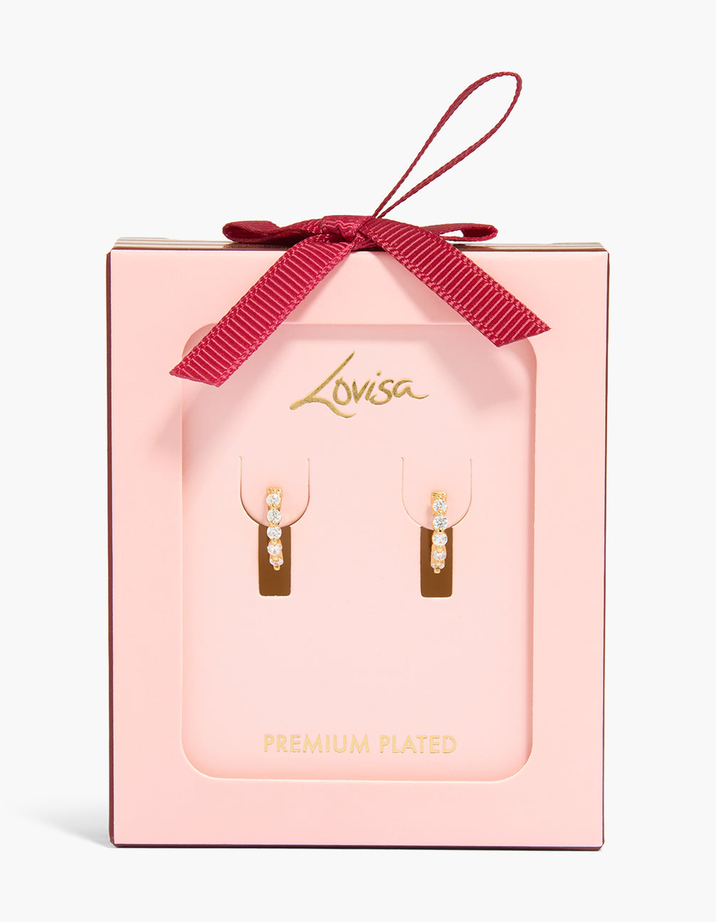 Beautifully crafted mini huggie earrings featuring cubic zirconia stones in gold plated metal front view