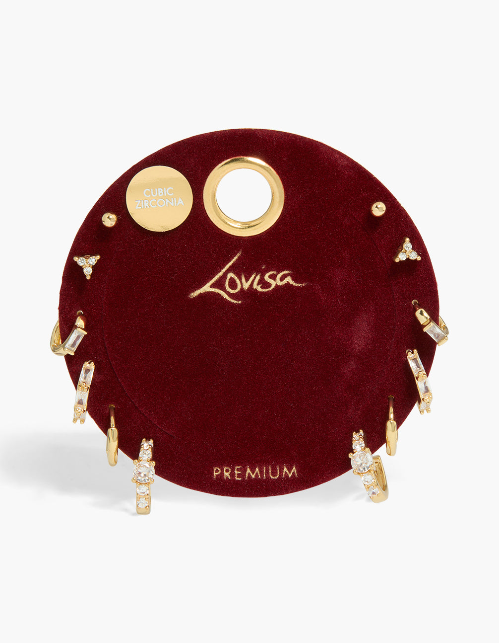 Explore this gold plated cubic zirconia huggie and stud earrings 6-pack with baguette stone cut close up view