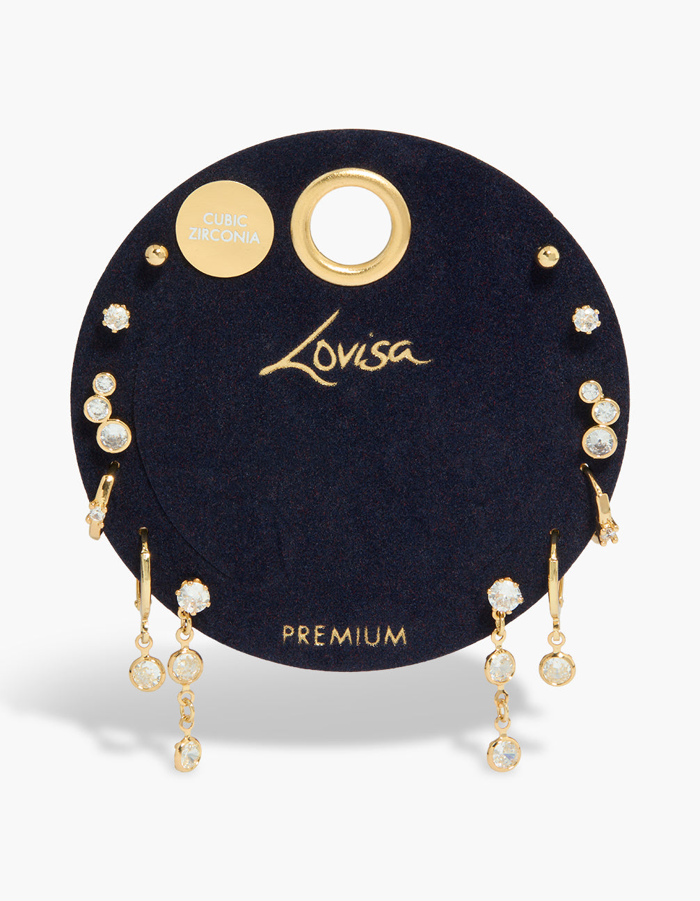 Presenting gold plated cubic zirconia bezel stud and huggie earrings 6-pack with crawler style, crystal features in a close up view