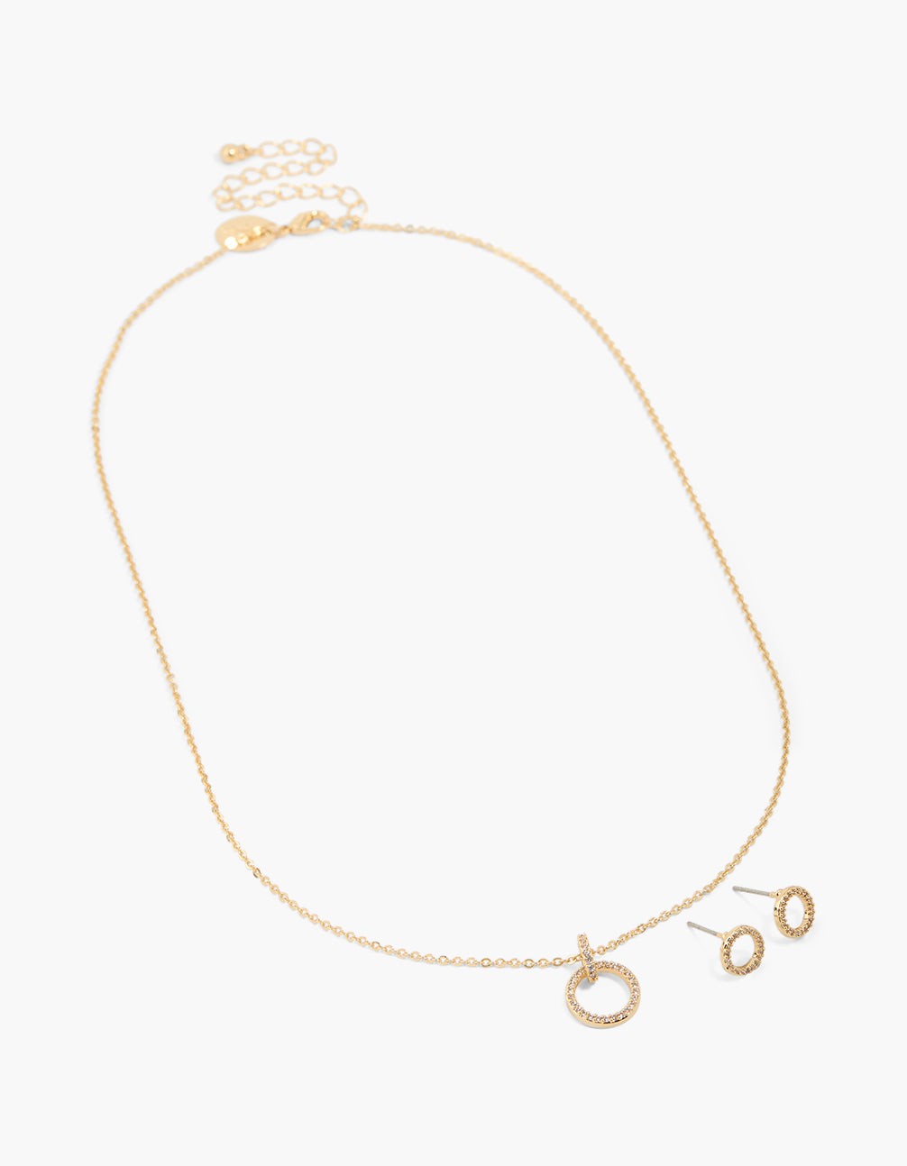 Gold Cubic Zirconia Outlined Circle Earrings & Necklace Set