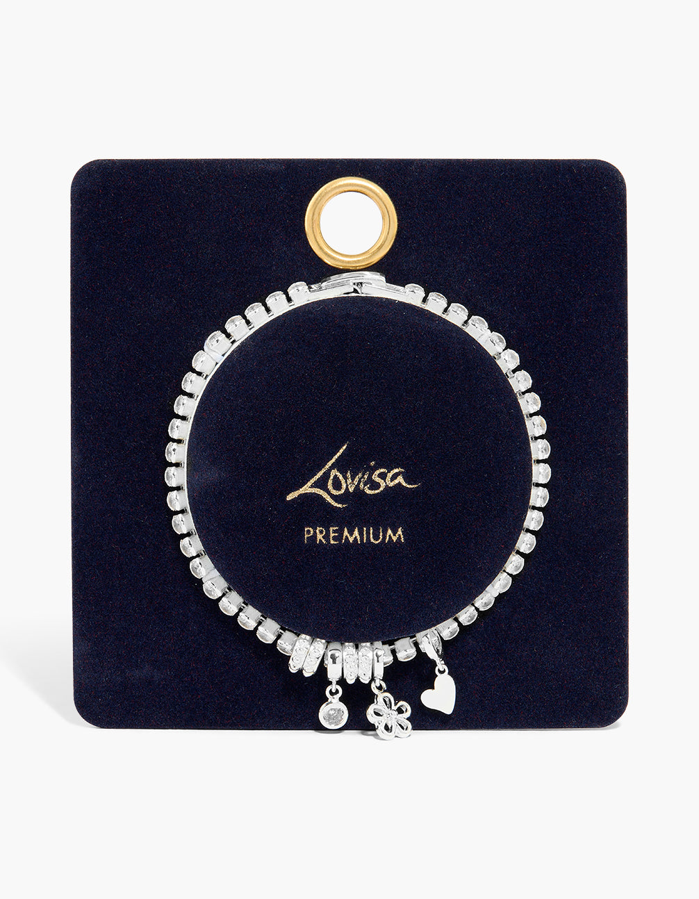 Featuring a silver plated tennis bezel heart and flower bracelet with beads, floral charm, cubic zirconia crystal accents closure detail view