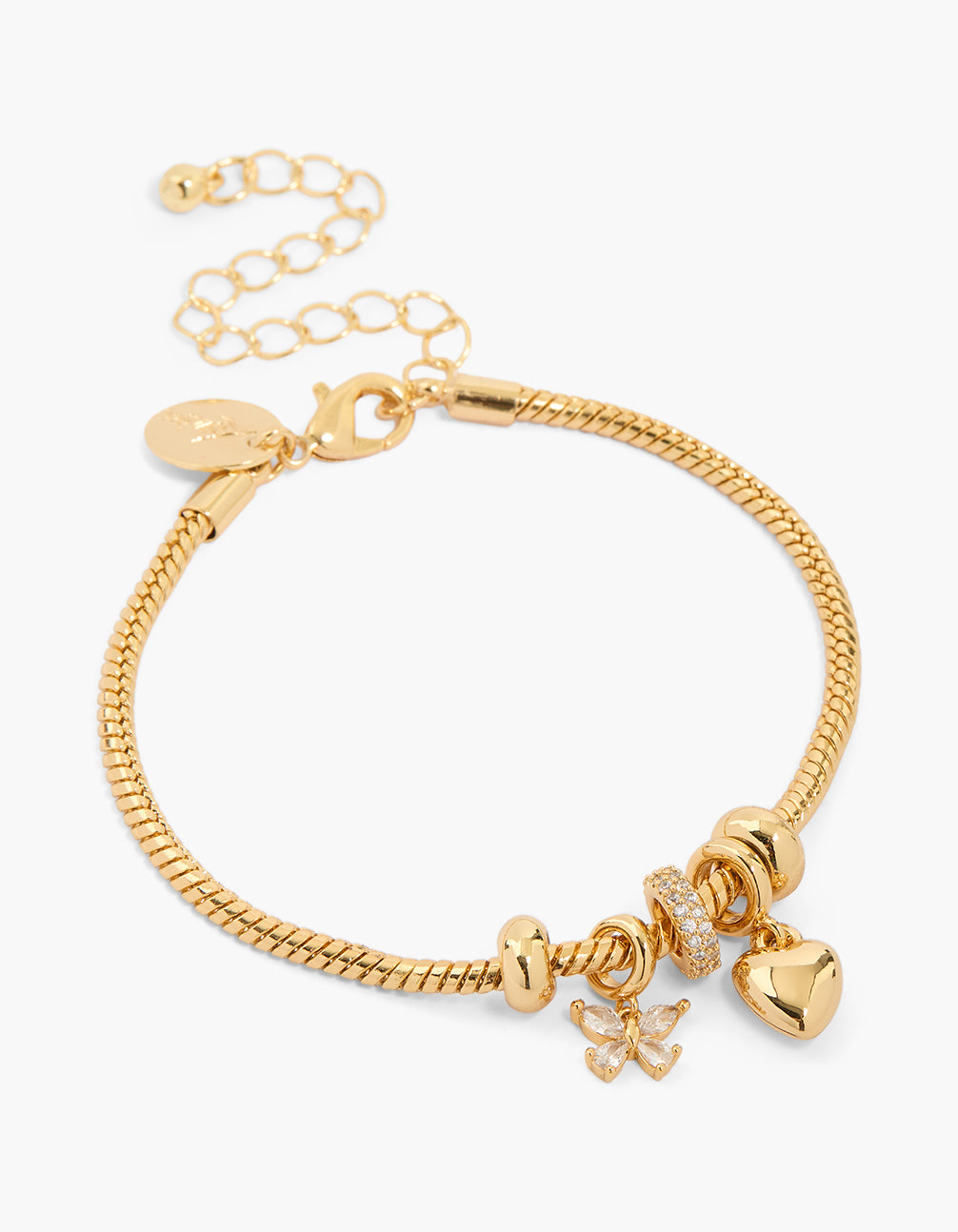 Showcasing a gold plated dainty charm bracelet with floral and heart accents front view
