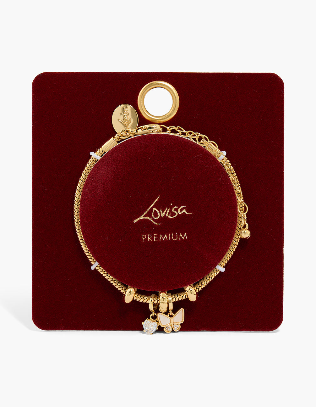 Beautifully crafted gold plated cubic zirconia heart and butterfly charm bracelet close up view