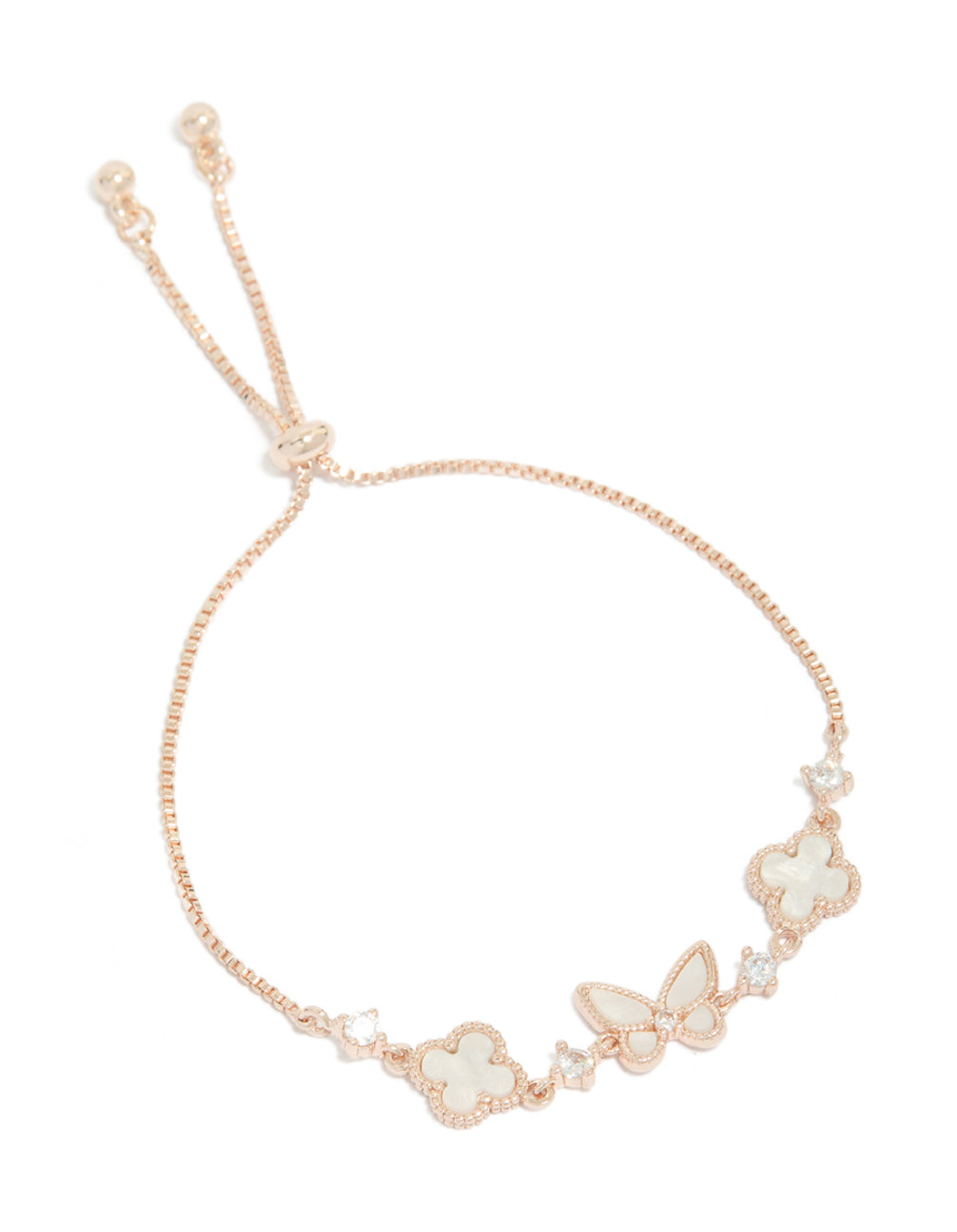 Elegant rose gold plated cubic zirconia alternating flower and butterfly toggle bracelet with clear accents and clear tones front view