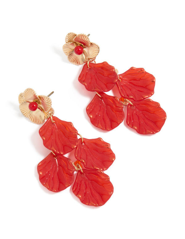 Showcasing gold red petal drop with floral stud earrings, stud closure front view