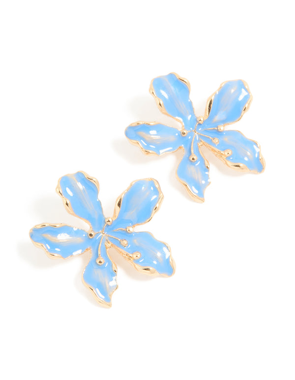 Dainty floral stud earrings in pale blue enamel with gold edging front view