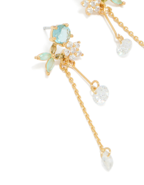 Gold Plated Aqua Blue Cubic Zirconia Butterfly Stud Chain Drop Earrings