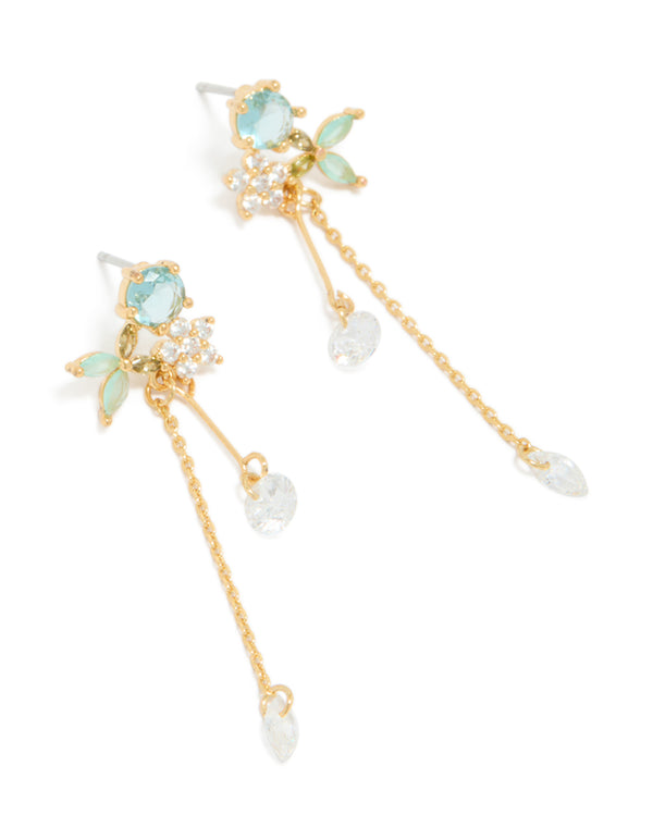 Gold Plated Aqua Blue Cubic Zirconia Butterfly Stud Chain Drop Earrings