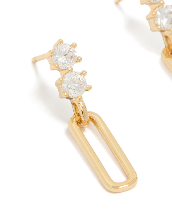 Featuring statement drop earrings in gold plated finish with cubic zirconia and rectangular shape close up view