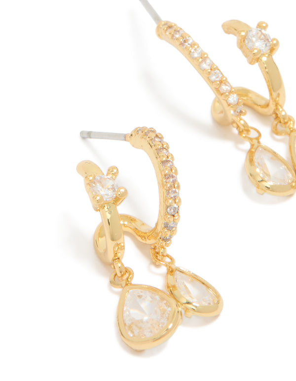 Gold Plated Cubic Zirconia Double Drop Open Hoop Stud Earrings