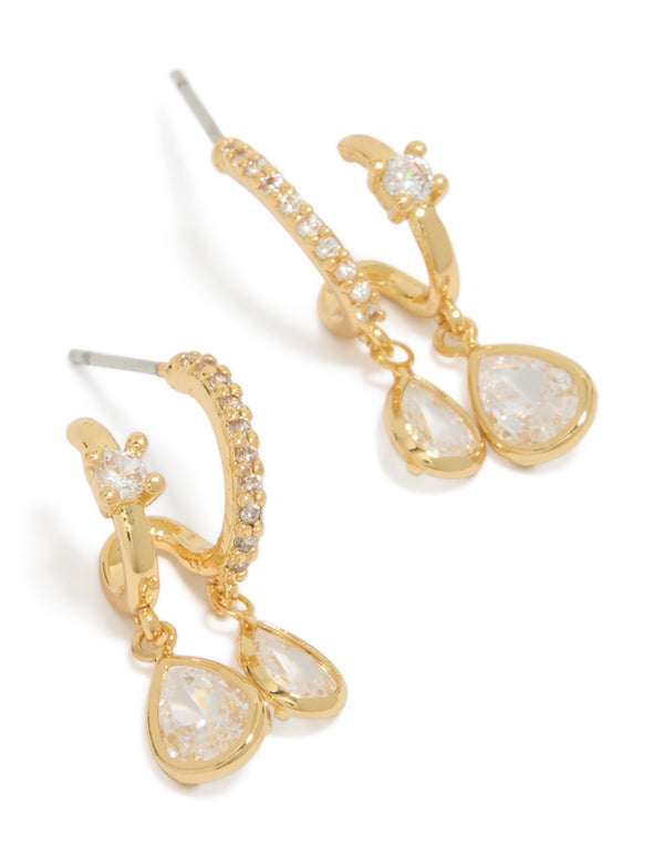 Gold Plated Cubic Zirconia Double Drop Open Hoop Stud Earrings