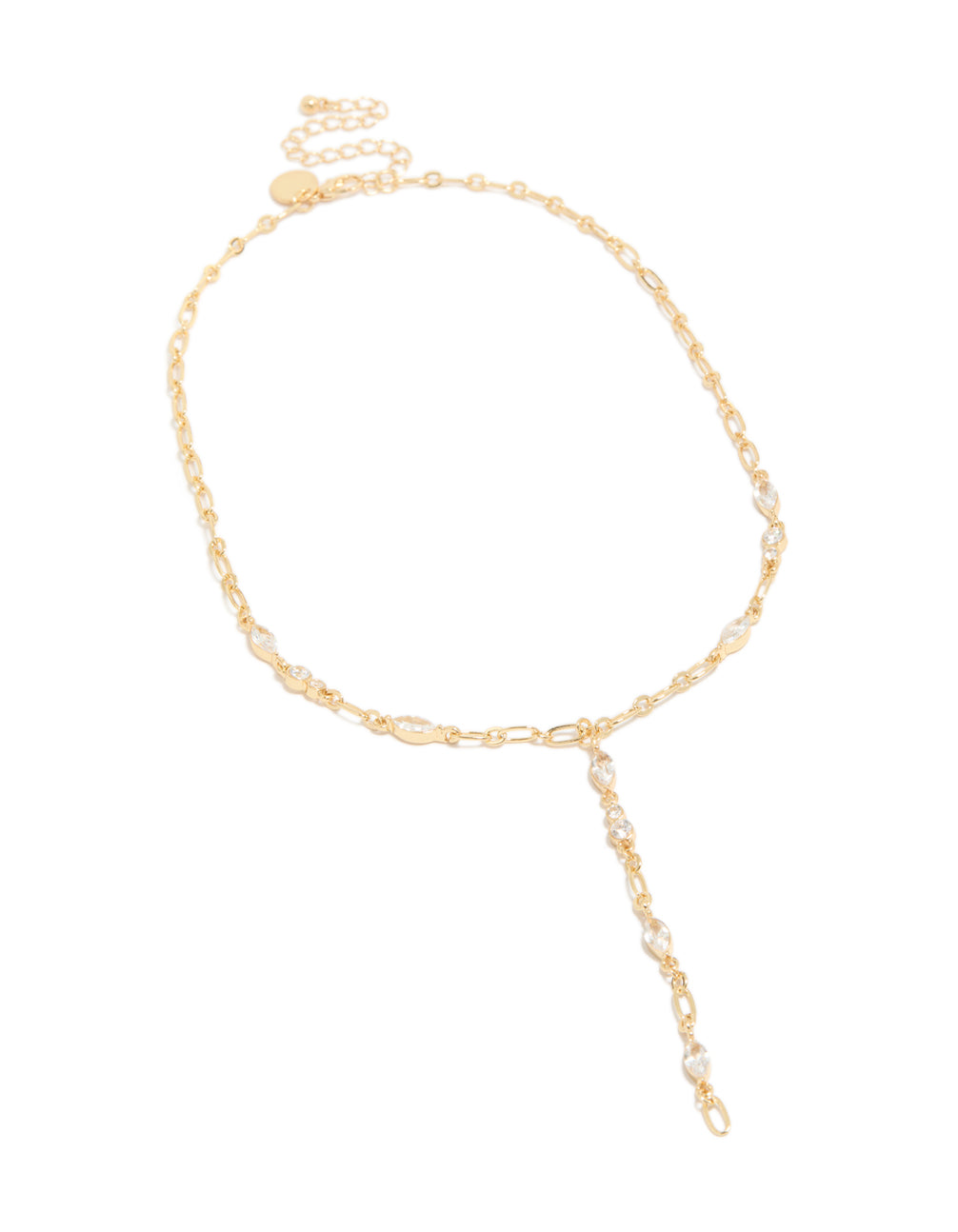 Presenting a gold plated cubic zirconia bezel chain Y-necklace in complete front view