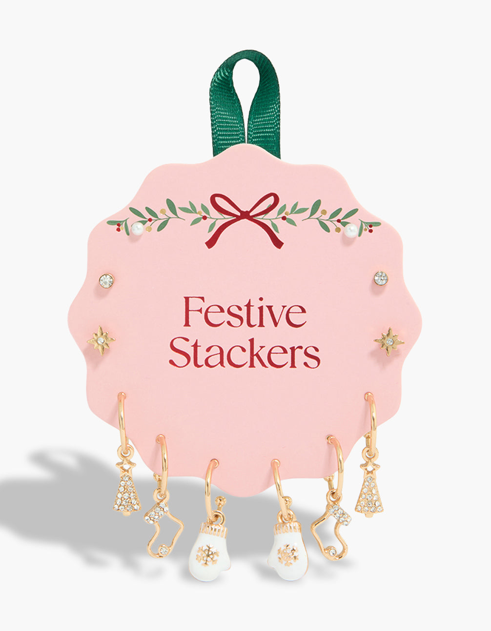 Showcasing dainty earrings 6-pack featuring tree, snowflake, and pearl accents in gold with clear tones and silver details front view