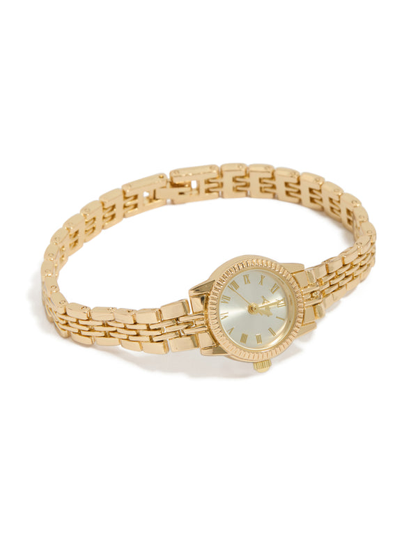 Discover this gold plated mini round watch with silver dial featuring roman numerals, women's analog design, link band strap in statement formal style front view