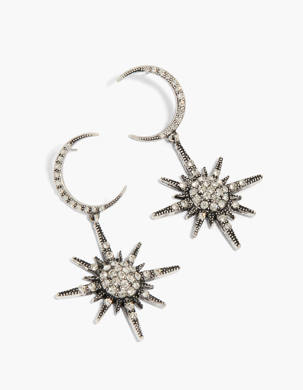 Antique Silver Diamante Moon Drop Earrings