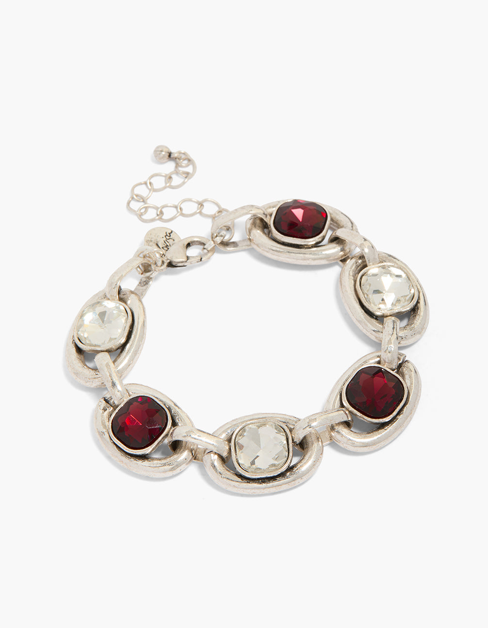 Showcasing a chunky silver clear and burgundy diamante drop bracelet front view
