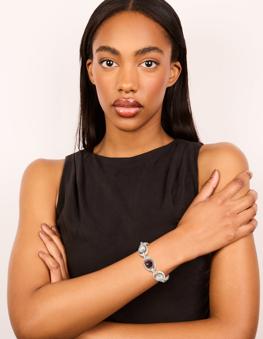Crafted with chunky silver clear and burgundy diamante drop bracelet on model view