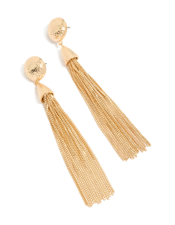 Showcasing statement drop earrings featuring tassel design in gold front view