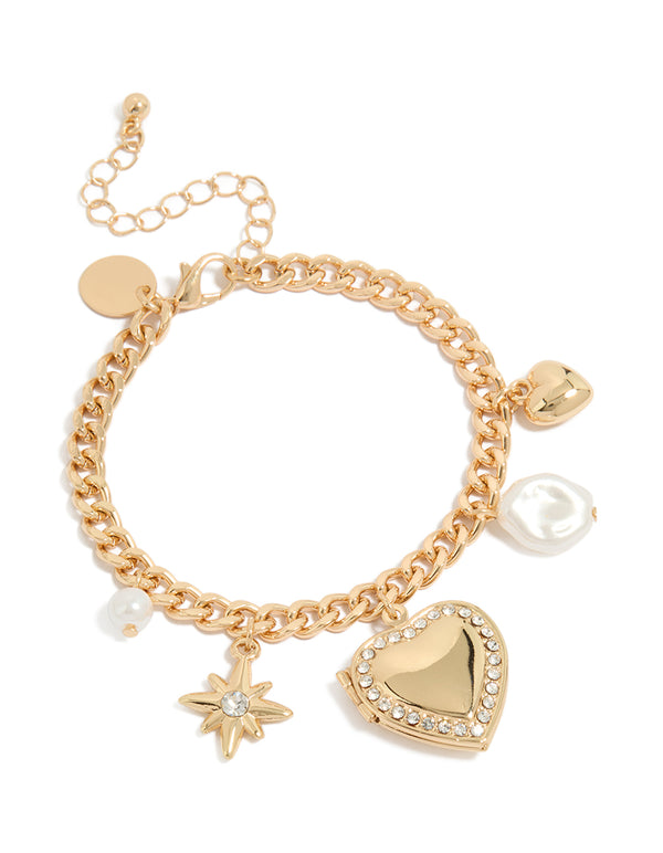 Gold Pearl & Hearts Charm Bracelet