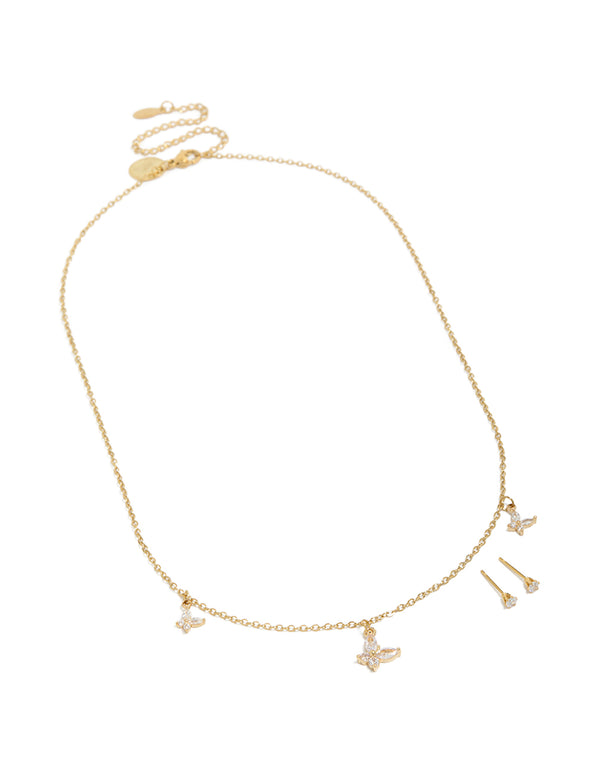 Waterproof Gold Plated Stainless Steel Cubic Zirconia Butterfly Necklace & Earrings Set